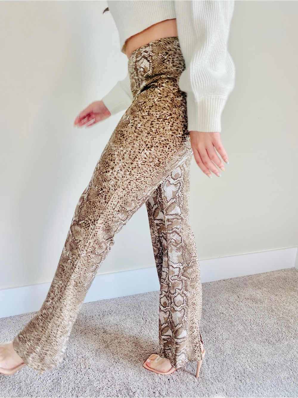 High-Rise Snake Print Wide-Leg Pants - Brown